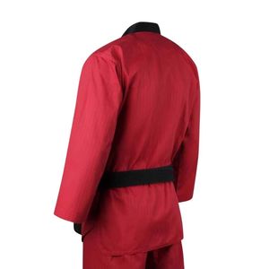 Uniforme completo de Taekwondo rojo, traje de entrenamiento con cuello en V negro, tela de alto rendimiento, conjunto de equipo de combate de Taekwondo con Dobok - Product Image 2