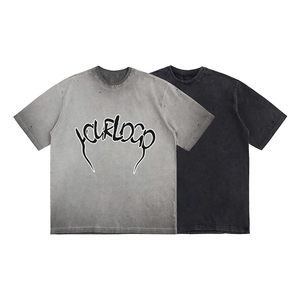 เสื้อยืดโอเวอร์ไซส์ผู้ชาย พิมพ์ลายโลโก้ OEM ล้างสีแบบแอซิด ขาดรุ่ย คอกลม แขนสั้น OEM ไหล่ตก ทรงหลวม สไตล์คนเมือง ผ้าคอตตอนหนา - Product Image 6