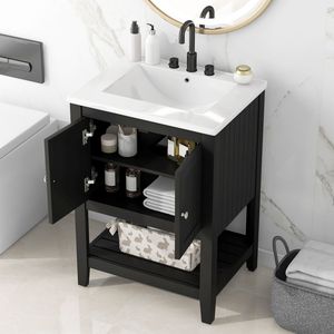 Meuble-lavabo de salle de bain moderne et élégant noir de 24 pouces avec lavabo en céramique raffiné, cadre en bois massif et étagère ouverte - Vidéo produit - Product Image 1