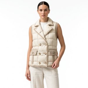 Chaqueta Acolchada Beige sin Mangas para Mujer, Cuello Camisero, Cierre de Doble Cremallera, Ajuste Regular, Impermeable, para Invierno - Product Image 1