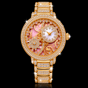 Luxury Gold <strong>Skeleton</strong> Gear <strong>Women</strong>&rsquo;s <strong>Watch</strong> with Pink Crystal Details Round Dial Sparkling Bezel and Iced Out Bracelet Strap - Product Image 2