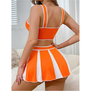 Nouvel ensemble d'uniformes de cheerleading OEM orange et blanc, style jupe imprimée CHEER pour adolescentes, en Spandex/Polyester, tenue d'entraînement en stock - Product Image 2