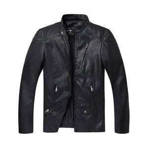 Blouson Moto Décontracté en PU pour Homme, Col Montant, Fermeture Éclair, Coupe Droite, Noir Uni, Vêtement d'Hiver Teint - Product Image 4