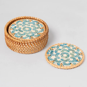Ensemble de 4 dessous-de-verre en rotin tressé à la main avec incrustations de nacre et support, dessous-de-verre ronds en rotin pour boissons - Product Image 1