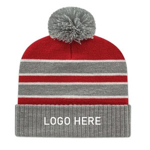 Gorro de Invierno para Niños KATBROS INDUSTRIES, Unisex, Rojo y Gris a Rayas, Transpirable, Impermeable, Tejido, con Pompón y Borde en Color Contrastante - Product Image 1