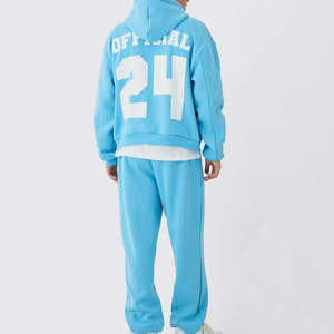 Ensemble de survêtement décontracté pour homme, bleu ciel uni, léger, avec sweat à capuche et pantalon de jogging, deux pièces, style streetwear - Product Image 2