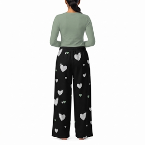 Ensemble de vêtements de nuit pour femmes avec imprimé cœur, chemise à manches longues à col rond et pantalon à taille élastique, pyjama doux et confortable - Product Image 2