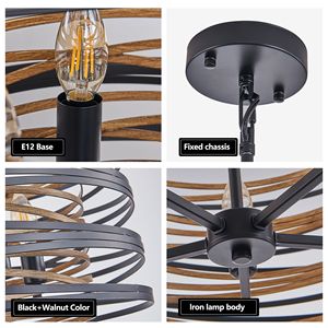 Lampadario a sospensione industriale rustico a 3 luci da 13 pollici, gabbia in metallo nero noce con accenti in legno per isole cucina o sala da pranzo - Product Image 6