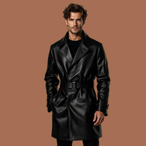 Manteau trench formel en cuir véritable noir pour homme FAZMAX, manches longues, col montant, coupe-vent, vêtement d'extérieur d'hiver, ceinture ajustable à la taille - Product Image 1