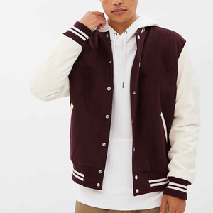Unisex Deep Maroon for Varsity Style Hooded <b>Jacket</b> Geometric Patchwork Striped Ribbed Trim Zipper Closure Premium Urban - Product Image 1