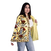 Jaket bordir Suzani wanita, jaket bordir gaya Boho bunga pendek untuk pesta dekorasi lubang kain katun modis