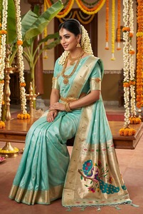 Silk Saree With Peacock Embroidery Hand Drawn Traditional Indian Wedding Wear For Women - Product Image 3
