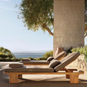 Chaise longue de luxe moderne en teck massif pour extérieur, inclinable manuellement, avec coussin en tissu imperméable, mobilier de piscine pour hôtel et complexe hôtelier - Product Image 1