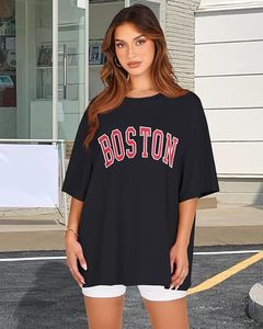 Camiseta informal de algodón de corte holgado con cuello redondo y manga corta con estampado de letras Boston negra para mujer - Product Image 2