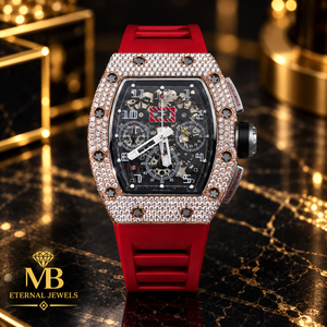 Montre en diamant pour hommes, boîtier tonneau de 45mm, chronographe analogique, mécanique, cristal saphir, bracelet en Silicone rouge, luxe - Product Image 1