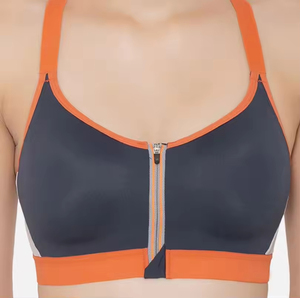 Soutien-gorge de sport gris foncé à bordure orange, fermeture éclair avant, maintien moyen, vêtements de yoga, design sans couture - Product Image 2