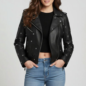 Veste en cuir d'agneau véritable pour femme, style motard, coupe courte, tendance automne, vente en gros - Product Image 1