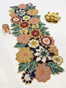 Embroidered Floral <b>Table</b> <b>Runner</b> Bohemian Home Decor Washable Red Pink Sequin Pattern - Product Image 2