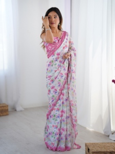 Sari de chinnon pesado y suave con estampado elegante y hermoso trabajo Kutchi, borde de encaje con espejos, para mujer, ropa de boda, sari indio. - Product Image 4
