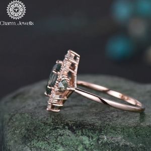 Charm Jewells Women's Rose <b>Gold</b> Engagement <b>Cocktail</b> <b>Ring</b> with Green Moss Quartz and Moissanite Prong Setting Classic Style - Product Image 4