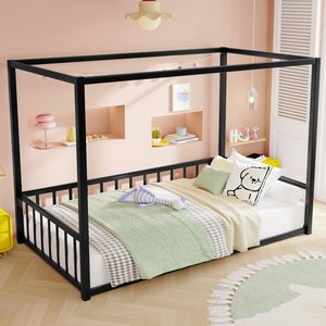 Moderno Letto a Basso Profilo per Letti Singoli e Matrimoniali con Parasole e Sponda di Sicurezza Stile Recinzione per Bambini - Product Image 2