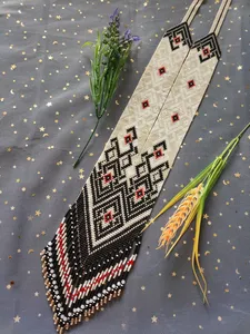 Trending Ukrainian Gerdan Necklace, Beige Ethnic <b>Beaded</b> Bib Necklace, long Necklace Ukrainian Necklace with Earring - Product Image 2