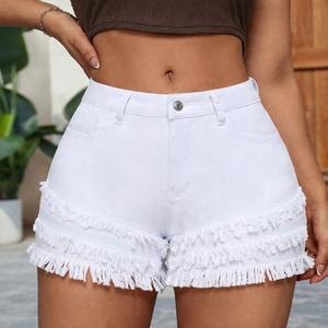 Short en jean blanc pour femme, coupe droite, taille haute, à franges, délavé, élégant, coupe régulière, pour l'été, décontracté - Product Image 1