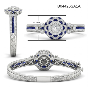 <b>Solid</b> 18k White <b>Gold</b> Natural Blue Sapphire Genuine Diamond Art Deco Vintage Floral Cluster <b>Bangle</b> Milgrain Luxury Fine Jewelry - Product Image 4
