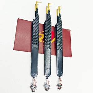 Pince à épiler à pointe en fibre pour extensions de cils, noire, avec embout doré, en acier inoxydable, précision 90 degrés, pour volume de cils - Product Image 2