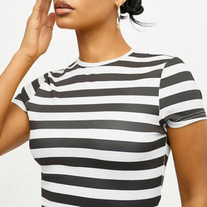 Women's Summer Fashion Cropped <b>Striped</b> T-Shirt Slim Short Sleeve O-Neck <b>Crop</b> <b>Top</b> for Gym Fitness Workout Cotton Breathable - Product Image 5