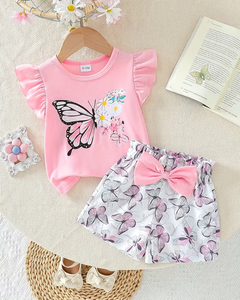 Customizable Brand Pink Girls 2Pcs Set Short Sleeve T Shirt Butterfly Print Elastic Waist Shorts Casual Summer Outfit - Product Image 6