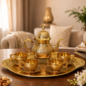 Juego de té oriental de latón con tapa, 4 tazas y bandeja, diseño floral grabado, vajilla tradicional - Product Image 6