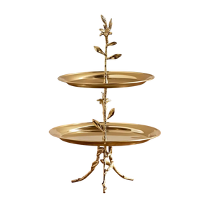 Golden Two Tier Cake Stand With Leaf Design Metal Dessert Display Handmade <b>Round</b> Serving <b>Tray</b> Pastry Serving <b>Tray</b> - Product Image 1