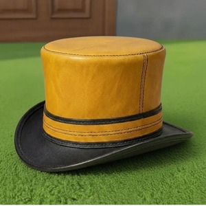 Custom Handcrafted Yellow Leather Steampunk Top <b>Hat</b> Victorian Gothic Cosplay <b>Hat</b> - Product Image 2
