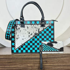 Sacs fourre-tout de luxe personnalisés en cuir de vachette à carreaux, grande capacité, avec portefeuille-bracelet, ensemble assorti pour femme - Product Image 6