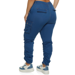 Pantalones vaqueros de mezclilla de cintura alta elegantes para mujer de talla grande, 100% algodón ecológico, estilo cargo, bordados, lavados, con cierre de botones, corte regular - Product Image 6