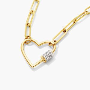 Diamond Heart Lock Paperclip Split Chain <b>Necklace</b> In Yellow Gold - Product Image 3