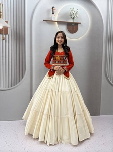 Traditional Indian Cotton <b>Lehenga</b> Set With Embroidered <b>Red</b> Crop Top And Cream Floor-Length Skirt For Women <b>Wedding</b> Wear - Product Image 4