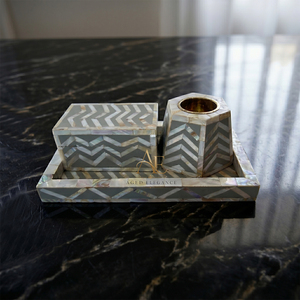 Juego de quemadores de incienso hexagonales de lujo con incrustaciones de nácar y patrones de chevron gris, caja de almacenamiento y bandeja para aromaterapia. - Product Image 1