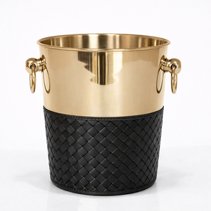 Seau à glace à vin classique en aluminium durable de qualité supérieure avec finition martelée, base en cuir tressé noir, poignées latérales en métal, capacité de 3 L - Product Image 5