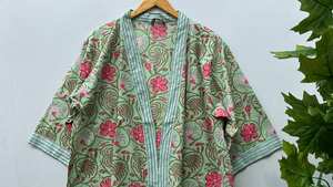 Bata Kimono de Algodón con Estampado Floral Indio para Descansar - Product Image 3