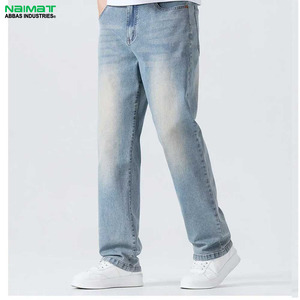 Jeans de Mezclilla de Pierna Recta Azul Claro Premium para Hombre, Corte Clásico Relajado, Lavado Claro, Pantalones Casuales de Algodón de Alta Calidad - Product Image 1