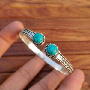 Boho Wave Manmade Turquoise Dual Stone Gold/<b>Silver</b> Plated Handmade Open <b>Cuff</b> Bangle Jewelry - Product Image 2