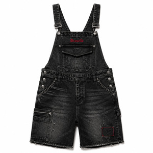 Pantalones Cortos Vaqueros con Bolsillos Cargo, Logotipo Bordado Personalizado, Dungarees Negros Lavados, Mono Y2K Streetwear para Mujer, Venta al por Mayor - Product Image 2