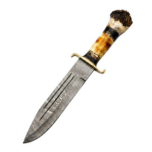 Couteau Bowie en acier Damas fait main de haute qualité, manche en corne classique, pour survie et chasse en extérieur, personnalisable OEM, vente chaude - Product Image 1