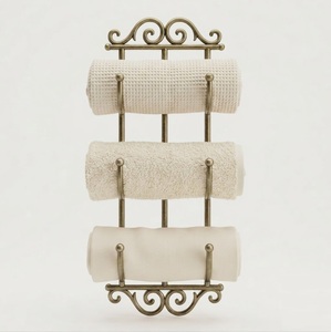 Porte-serviettes mural en fer forgé, support métallique décoratif vintage à 3 niveaux pour rangement de salle de bain et serviettes enroulées, finition dorée - Product Image 5
