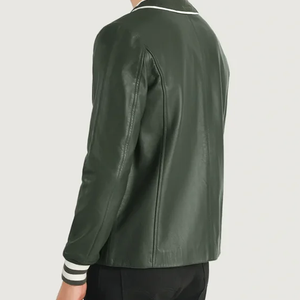 Blouson bomber en cuir PU vert pour homme, couleur unie, fermeture à boutons, col rabattu, coupe classique, vêtement d'automne - Product Image 4