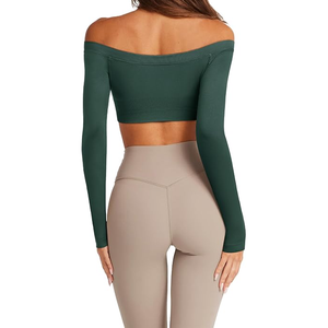Women Off The Shoulder <b>Long</b> <b>Sleeve</b> <b>Crop</b> <b>Top</b> Solid Color Yoga Activewear <b>Green</b> Spandex Polyester Breathable Regular Fit - Product Image 3