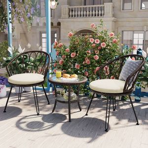 Ensemble de loisirs d'extérieur 2 pièces U_STYLE : Chaises individuelles en rotin avec table ronde en verre pour patios, balcons ou cours - Product Image 2