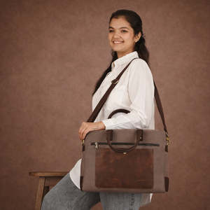 Sacoche pour ordinateur portable classique en toile grise bicolore, sac de bureau professionnel durable avec poignées en cuir et bandoulière - Product Image 3